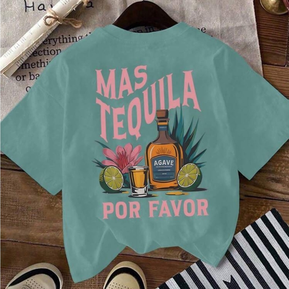 Teal Women’s Short Sleeve Graphic Summer Travel T-Shirt Mas Tequila Size Large